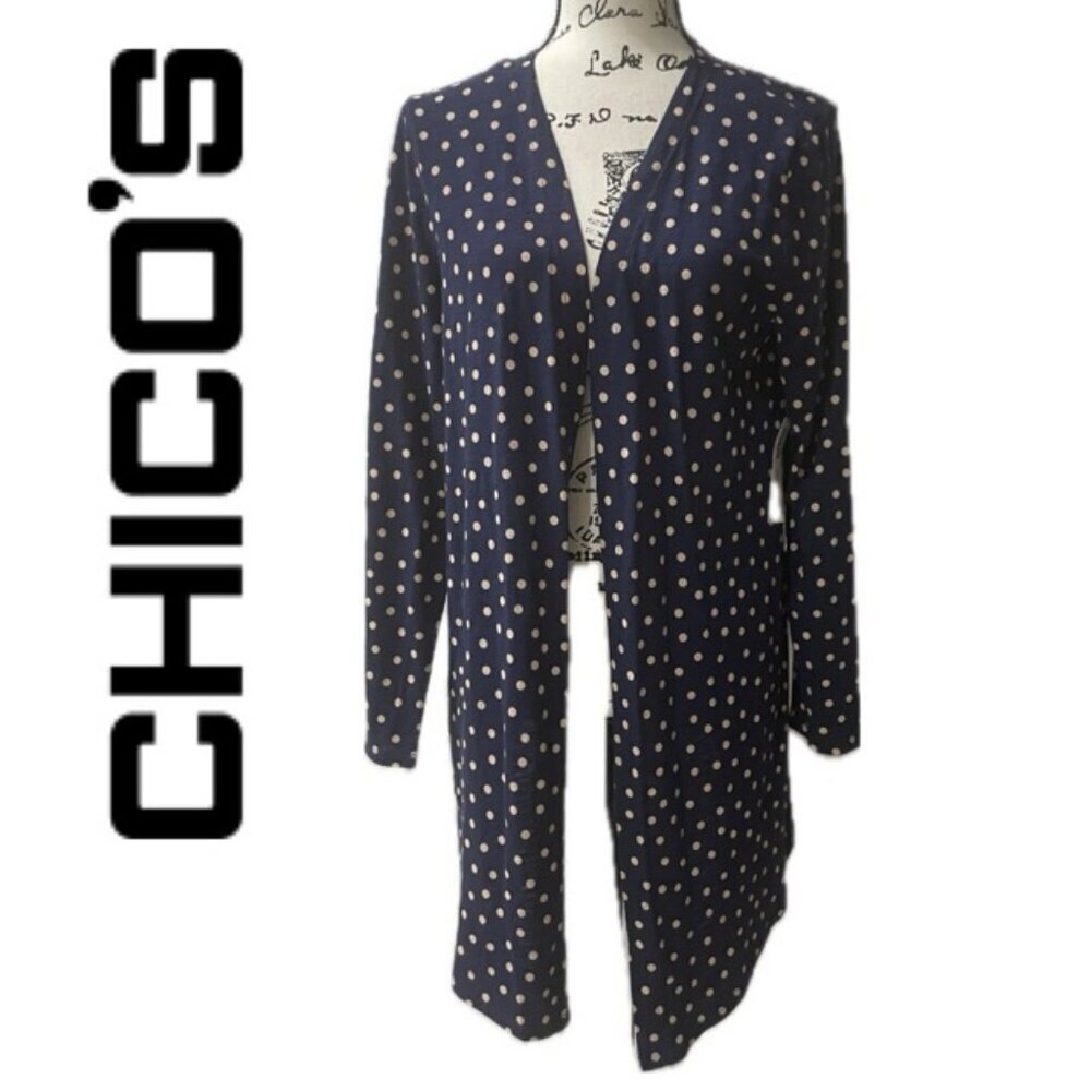 POLKA DOT NAVY BLUE  PINK PREPPY‎ CARDIGAN CHICOS SIZE 1 US MEDIUM